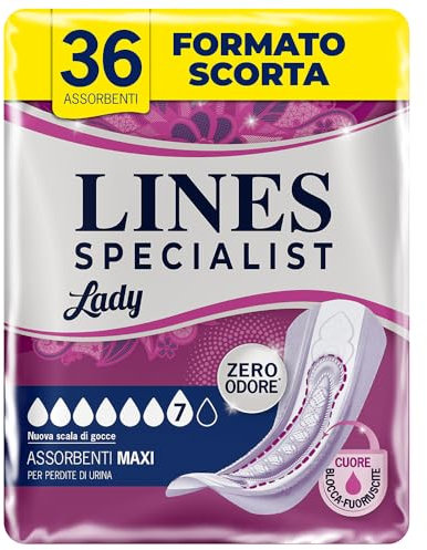 Lines Specialist Lady Maxi, Assorbenti per Incontinenza Donna, con Tecnologia Zero Odore e Barriere Laterali Protettive, Scorta Mensile, 3 Confezioni da 12 Unità