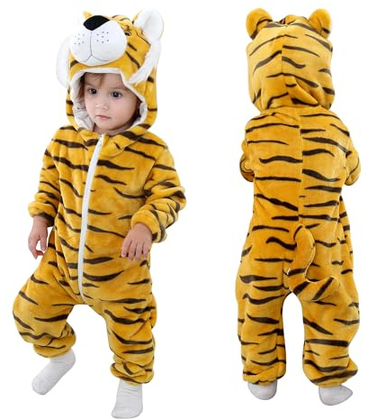 COOKY.D Bébé Filles Garçons Capuche Grenouillères Doux Flanelle Hiver Dessin Animé Pyjama de Combinaison pour 30-36 Mois, Tigre
