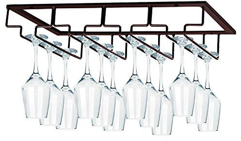 MOCOUM Wine Glasses Rack Under Cabinet Stemware Rack, Wine Glass Hanger Rack Wire Wine Glass Holder Storage Hanger for Cabinet Kitchen Bar (Brown, 4 Rows 1 Pack)