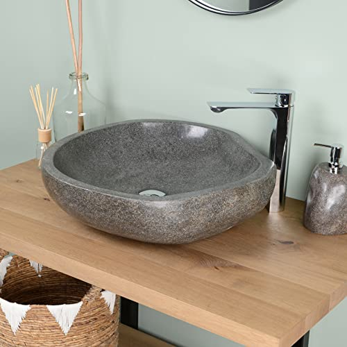 60 cm rundes Naturstein Waschbecken in grau von WOHNFREUDEN - Mit Unikat Auswahl Stein Aufsatzwaschbecken Naturstein Waschbecken Badezimmer Waschbecken Bad Handwaschbecken