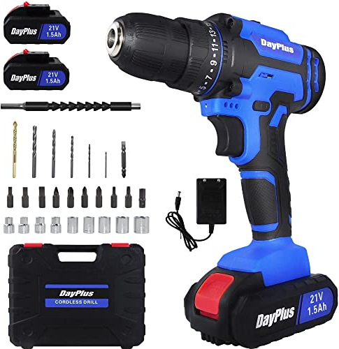 Akku-Bohrmaschine,21V Akku Bohrer mit 3 Funktionen,Professionell Akkubohrschrauber mit 2 Li-Ion Batterien,1H Schnellladegerät,26 Stück Bohrkit enthalten, 25+1 Drehmomentstufen,2-Gang-Getriebe,45Nm