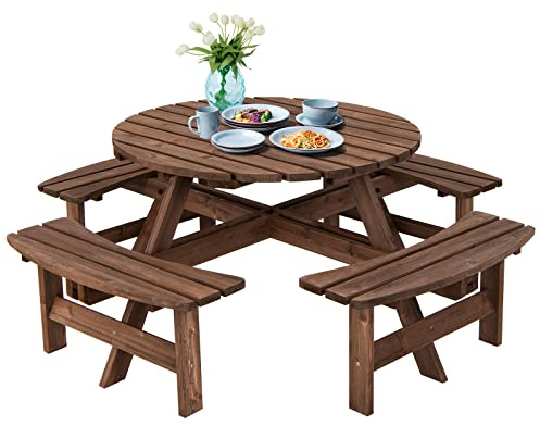 KOMFOTTEU Gartentischset für 8 Personen, Picknicktisch Set mit 4 Bänken & Schirmloch, Campingtisch aus Tannenholz wetterfest, Terrassenmöbel & Essgruppe für Rasen, Garten, Dunkelbraun
