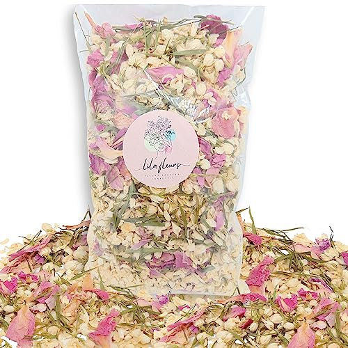Confettis Fleurs séchées blanche Mariage 1 litre pétales rose blanc vert naturels Biodégradables | Décoration Bohème Champêtre Confettis à lancer | Artisanat France (Blanc Vert Rose)