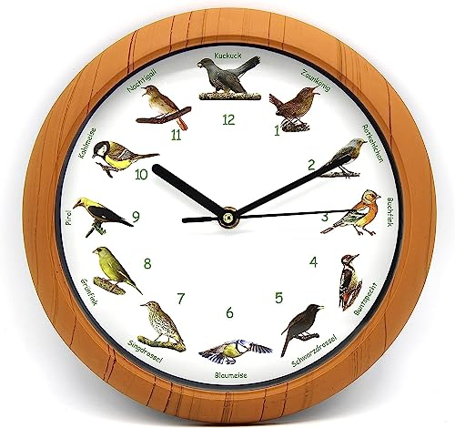 Luna24 simply great ideas... Vogelstimmen-Wanduhr mit 12 authentischen Vogelgesängen, Kuckuck, Zaunkönig, Rotkehlchen u.v.a. Nachtautomatik, d.h. in der Nacht schlafen die Vögel.