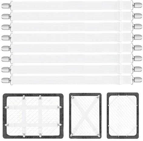 OdiuK 8 Stück Bettlakenspanner Verstellbar, 67–250cm Elastische Betttuchspanner mit Metallclips Spannbettlaken Halter Lakenspanner Weiß Bettlaken Spanngurte für Bettlaken Sofa Matratze Bügelbrett(Weiß