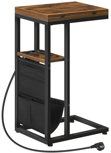 HOOBRO Beistelltisch mit Ladestation, C-Form Couchtisch mit Aufbewahrungstasche, klappbarer Sofatisch für Wohnzimmer, Schlafzimmer, kleine Räume, Vintagebraun und Schwarz EBF101CSF01