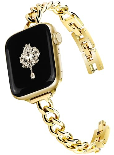 Newlibery Metall Band Gold Kompatibel mit Apple Watch Armband 38mm 40mm 41mm 42mm 44mm 45mm 46mm, Elegant Schlankes Einkettiges Damen Metallarmband Ersatz für iWatch Seriess 10/9/8/7/6/5/4/3/2/1/SE