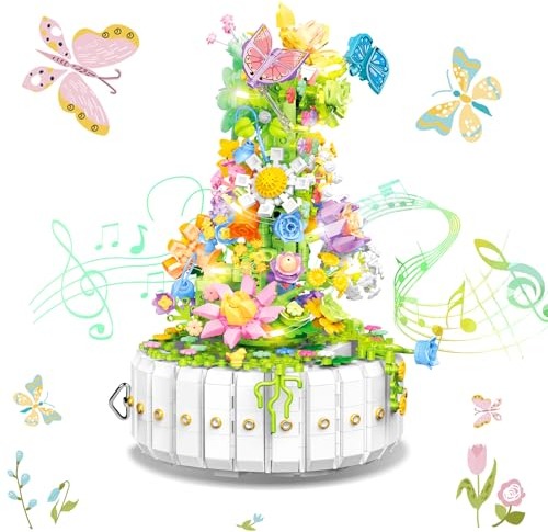 JONRRYIN Pflanzen Blumen Bauspielzeug,1399 Teile Rotierende Spieluhr Bausets mit Licht, Klemmbausteine Blume Friends Mädchen Haus Pflanzen, Musikbox Bausteine Home Decor Geschenk für Kinder Erwachsene
