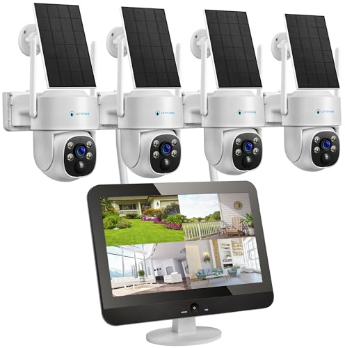 【4MP+PTZ+Solar+PC Software】 Dual WLAN Funk Überwachungssystem 12,5 LED Monitor, 10 Kanal NVR, Überwachungskamera Set, Mikrofon, Sirene, Nachtsicht in Farbe, Fernanzeige, App & Mail Alarm (4 Kameras)