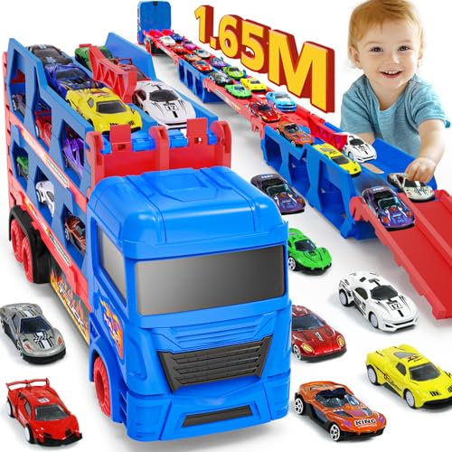 Carrier Truck Toys for Kids, 65inch & FoldableTransporter Truck Toy with 10 Cars (4 Pull Back Car+6 Race Car), Race Track Truck for Boy Kids, Toy Cars for 2-6 Year Olds Boy Gift for Birthday/Christmas
