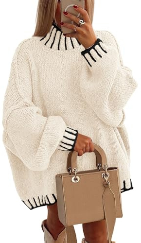 PRETTYGARDEN Women's 2026 Fall Oversized Pullover Sweaters Long Sleeve Mock Neck Chunky Knit Jumper Tops Winter Clothing (White,X-Large)