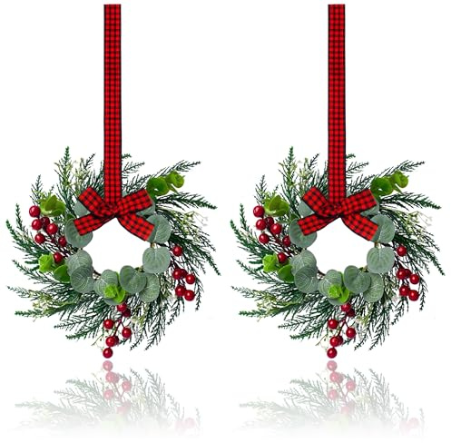 Weihnachtskranz, 25,4 cm, Mini-Kränze für Küchenschränke, Weihnachtstürkranz, Kleiner Weihnachtskranz für Kamin, Fenster, Bauernhaus, Innendekoration, 2 Stück
