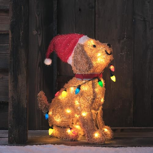 Lights4fun Cucciolo Luminoso con Ghirlanda di Luci Multicolore con 50 LED Bianco Caldo Figura Natalizia di 53 cm Decorazione per Interni ed Esterni