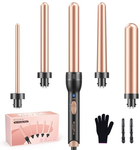 BESTOPE MIX Ferro Arricciacapelli, 5 in 1 Set Arricciacapelli con Diversi Attacchi per ricci grandi e piccoli, Piastra per Onde in Ceramica 9-32mm Riscaldamento Rapido Temperature Regolabili