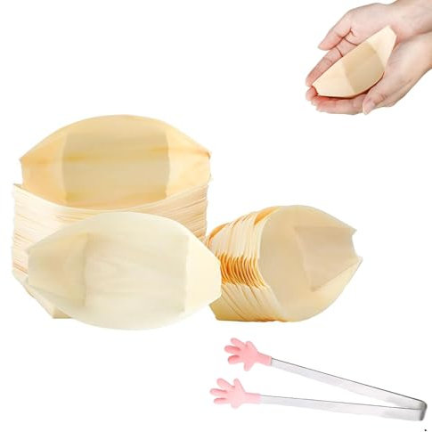 Yuannee Bandejas para Servir Sushi,50 Bandejas para Sushi +1 Pinza Cuencos Desechables de Bambú 3.5 CM Platos Hondos con Forma de Barco para Alimentos Fríos Calientes Aperitivos Papas Fritas