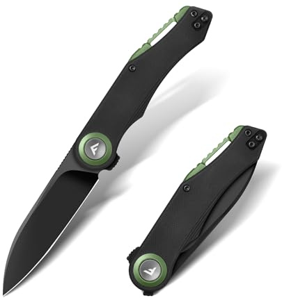 FLISSA Taschenmesser Klappmesser, D2 Stahl mit schwarzer Titanbeschichtung, Scharfes Outdoor & Survival Messer mit G10 Griff, EDC Messer mit Gürtelclip, für Alltag, Outdoor, Camping, Grün