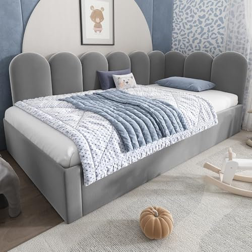 Moimhear Cama tapizada de día 90 x 200 cm, sofá cama con cama nido de 90 x 190 cm, cama infantil con somier, terciopelo, sin colchón (gris)