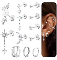 FANCH 12Pcs Helix Piercing Jewellery forWomen Surgical Steel Flat Back Earrings Stud Hoop Cartilage Earrings Set Forward Helix Tragus Daith Rook Conch Dangle Flower CZ Ear Piercing Jewellery Silber