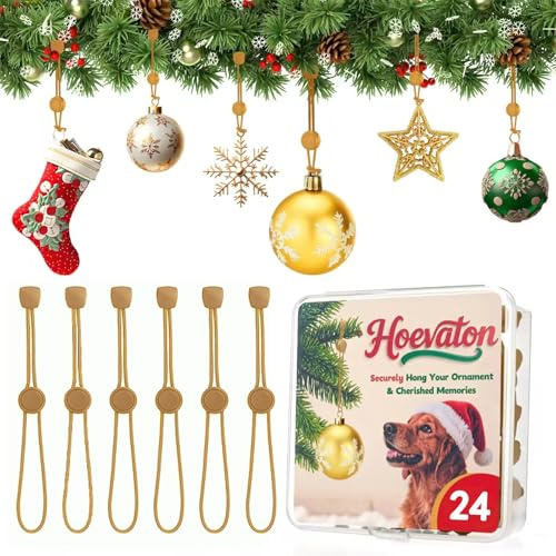 24 PCS Adjustable Christmas Bauble Hooks for Tree Decorations, Hoevaton Non-Slip Ornament Anchor for Hanging Small & Heavy Ornaments, Xmas Reusable Hangers for Tree, Wreath & Vine (Gold, 24 Count)