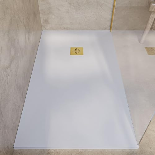 SOULBATH Plato de Ducha - Resina - Gel Coat - Textura Liso/Piedra - Antideslizante - Color Blanco - 90X75- Extraplano 3cm. Incluye Válvula de desagüe - REJILLA GOLD