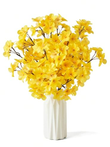 Genérico Flores Artificiales Cerezo -Almendro Bougainvillea– 4 a 10 Piezas –Colores Diferentes, Diseño Realista y Frondoso para Decoración – Flor de Seda Duradera (Amarillo)