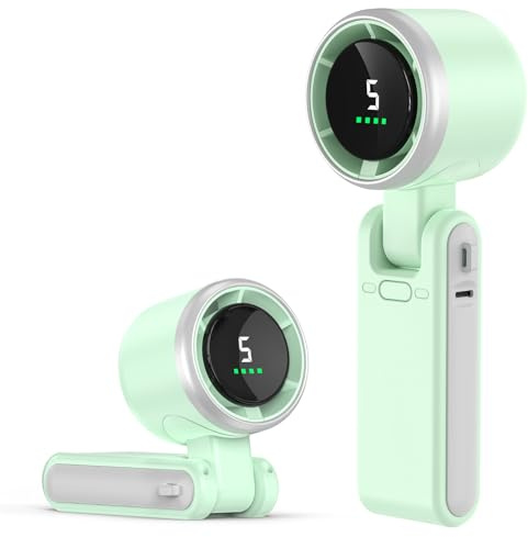 KARFUN Ventilador de Mano Portátil, 5 Velocidades, Flujo de Aire Potente de 12 m/s, 12,000 rpm/min, Ventilador Portátil con Pantalla LED para el Hogar para Oficina, Exterior, Viajes al aire (Verde)