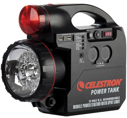 Celestron – PowerTank 12 Telescope Battery – Rechargeable Portable 12V Power Supply for Computerized Telescopes – 84 Wh Power – Built–in 2 USB Ports, Cigarette Lighter Adapter, Built-in Flashlight