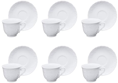 Excelsa Elisa Rococò Set 6 Tazze da Tè con Piattino, Capacità 210 Ml., Bianco, Porcellana, Decoro in rilievo