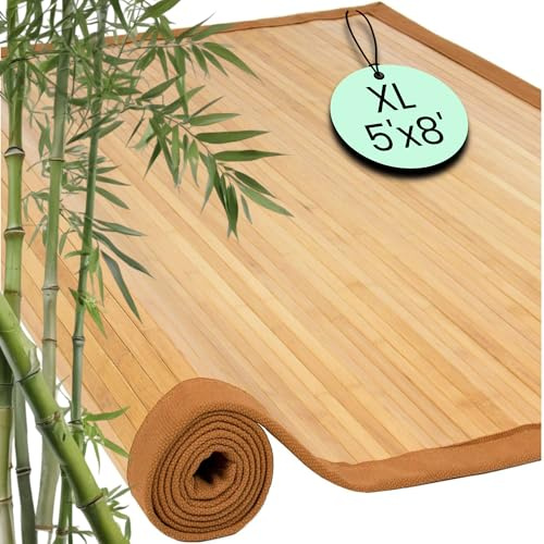 Alfombra de bambú de 5 x 8 pies, alfombra grande de bambú para interiores y exteriores con respaldo antideslizante, alfombra para sala de estar, pasillo, cocina, oficina, 100% madera de bambú natural