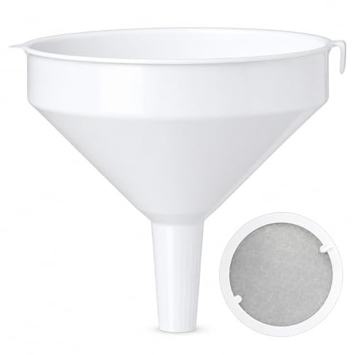 HELGUEFER - Embudo Industrial con Filtro 35 cm | Embudos de Plastico Blanco con Lengüeta y Anilla de Suspensión | Funil de Precisión para Cocina, Taller y Líquidos | Resistente y Reutilizable
