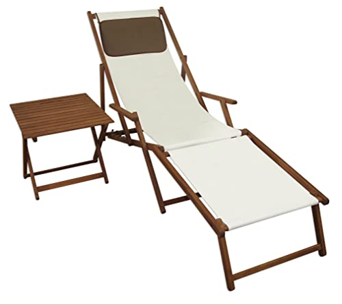Gartenliege Liegestuhl weiß Fußablage Tisch Kissen Deckchair Holz Sonnenliege Buche 10-303FTKD