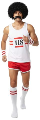 RIDDLED WITH STYLE Unisex 118 Marathon Fancy Dress Costume Set Retro Sleeveless Vest Shorts Moustache Socks Wig Running Outfit Mens Womens Party Event Fun Run UK Sizes S-XL