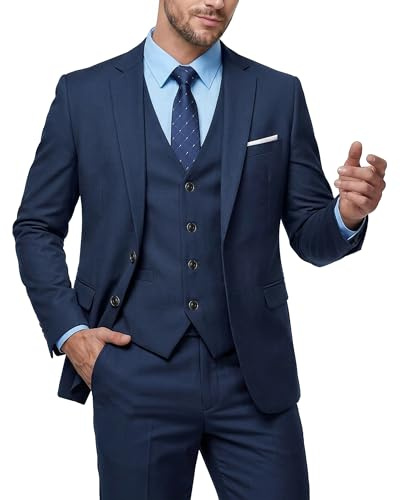 MY'S Men's 3 Piece Slim Fit Suit Set with Tie, 2 Button Blazer Jacket Vest & Pants, Business Wedding Party Prom Suit for Men, Deep Blue, XXL
