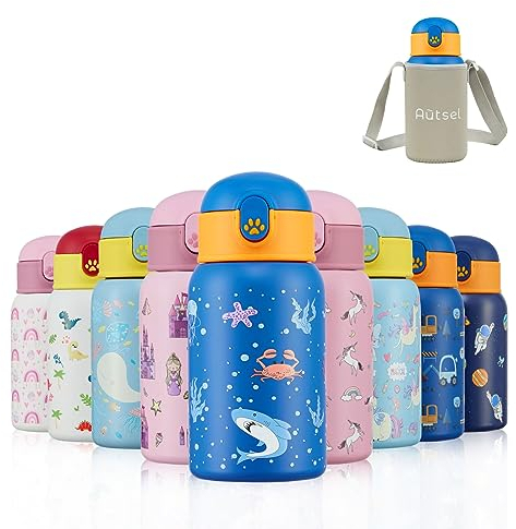 Autsel 400 ML Borraccia Bambini Acciaio Inox con cannuccia Bottiglia Termica per Bambini a doppia parete senza BPA Bottiglia Acqua a prova di perdite, Squalo