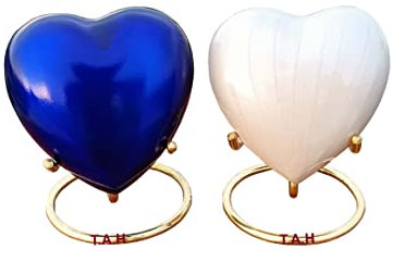 Lot de 2 mini urnes funéraires en forme de cœur blanc et bleu avec support en laiton pour cendres d'un être cher