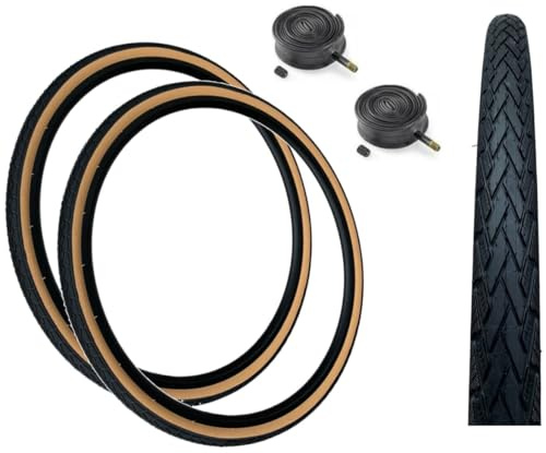 Baldys 700 x 35c Hybrid/Trekking Bike Slick Tyres BLACK/TAN & Schrader Valve Inner Tubes (Pack of 2)