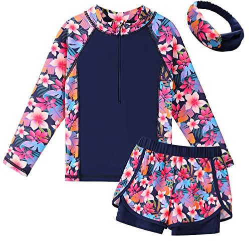 BAOHULU Girls Swimsuit Rashguard Set Long Sleeve 3 Piece Bathing Suit UPF 50+ UV with Zipper Swimwear S421_NavyFlower_10A