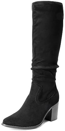 DREAM PAIRS Women's Knee-High Boots, Comfortable Chunky Block Heel Pointed Toe Pull On Side Zipper Suede Slouch Riding Boots