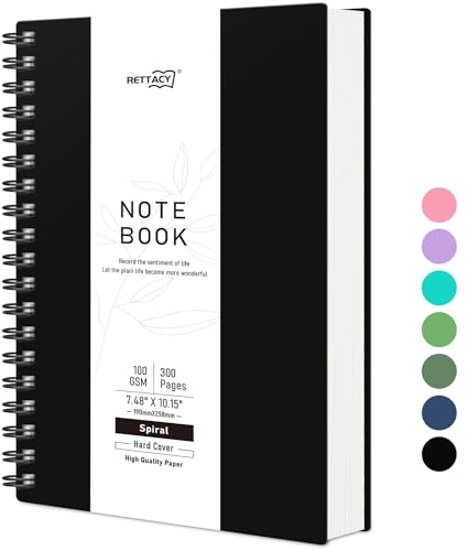 RETTACY Notizbuch B5 Gepunktetes, Bullet Dot Grid Journal, Spiral-Notizbücher 300 Blatt/150 Seiten zum Schreiben, 100gsm, PVC Hardcover, für Frauen Männer Arbeit Büro Schule, 19 x 25 cm - Schwarz