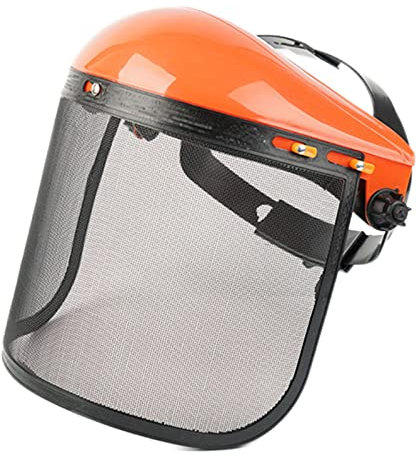 Protective Face Mask for Grass Cutting, Wire Mesh Visor, Orange Top Steel Mesh Helmet