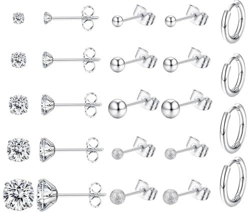 Dochais 12 Paar Ohrstecker 316L Chirurgenstahl Damen Herren Kleine Silber Ohrringe Set Creolen tragus Helix Hoop Knorpel Ohrringe Hypoallergen CZ Piercing schmuck geschenk Mädchen frauen (Tiefsilber)