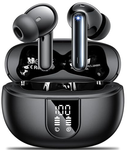 AOVOCE Auriculares Inalambricos Bluetooth 5.3,Cascos Inalámbricos Bluetooth con HiFi Estéreo,4 Mic con Reducción de Ruido ENC 42H Control Táctil Pantalla LED,Impermeable IPX7 Blake