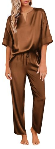 Ekouaer Short Pyjama en Soie Femme Pyjamas Femme Ete Satin Manches Courtes Vêtements de Nuit 2 Pièces Sleepwear Brun Clair S