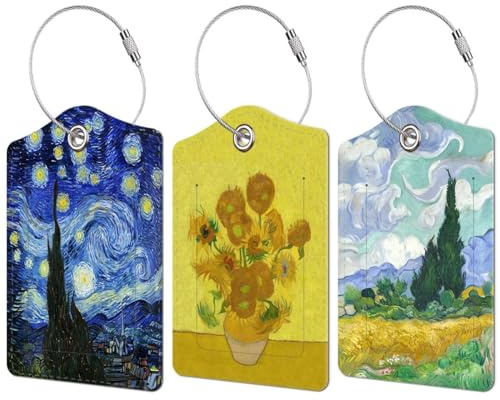 3 Pcs Luggage Tag for Suitcase, Travel Cruise Leather Bag Tags Identifiers Privacy Cover ID Label with Durable Steel Loop for Women Men Kids Girls Travel, Oil Painting