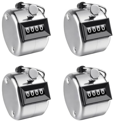 4 Metal Hand Tally Counters Clicker Set, Universal Mechanical Palm Clicker Number Scorer, Silvery Round Quantity Finger Counter from 0 to 9999, Handheld Number Click Counters for knitting Golf Scoring