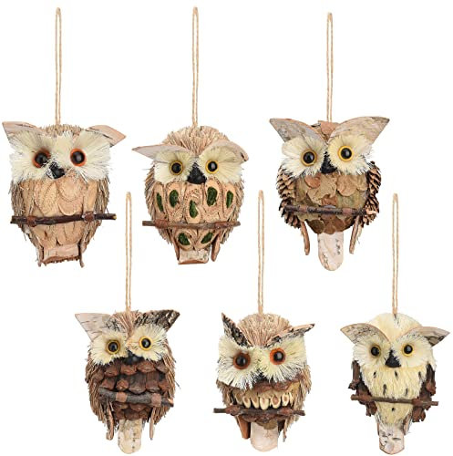 XIASABA 6 × hängende Eulen-Ornamente Hängende Eulen-Ornamente aus Holz und Sisal, Vogel-Weihnachtsschmuck Waldtier Eulen-Ornamente für Parks Haus und Garten