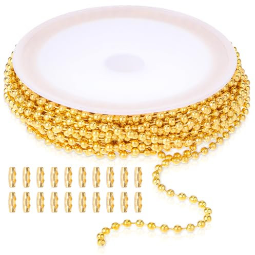 COMNICO Chaîne à billes en acier inoxydable de 4,9 m de diamètre - 2,4 mm de diamètre - Avec 20 connecteurs assortis - Accessoires de fabrication de bijoux pour colliers, bracelets, porte-clés (doré)