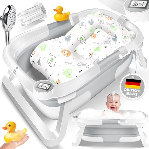 KIDIZ® Bañera para bebé, ahorra espacio y plegable, para recién nacidos, niños pequeños de 0 a 24 meses, ducha de viaje portátil para bebés, con termostato y cojín