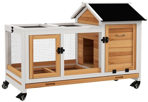 PawHut Wooden Rabbit Hutch with Wheels, Indoor Outdoor Large Bunny Hutch with Run & Slide-Out Tray for Small Animals, Rabbits, Chickens, Ducks, Guinea Pig, Yellow