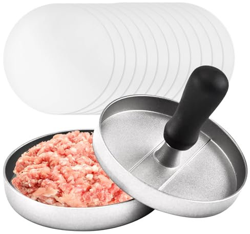 Xinsenke Pressa per Hamburger in Alluminio pressofuso con 100 Fogli di Carta oleata. Rivestimento Antiaderente, Manico Rimovibile. Perfetta per Barbecue, griglia e Preparazione di Hamburger.
